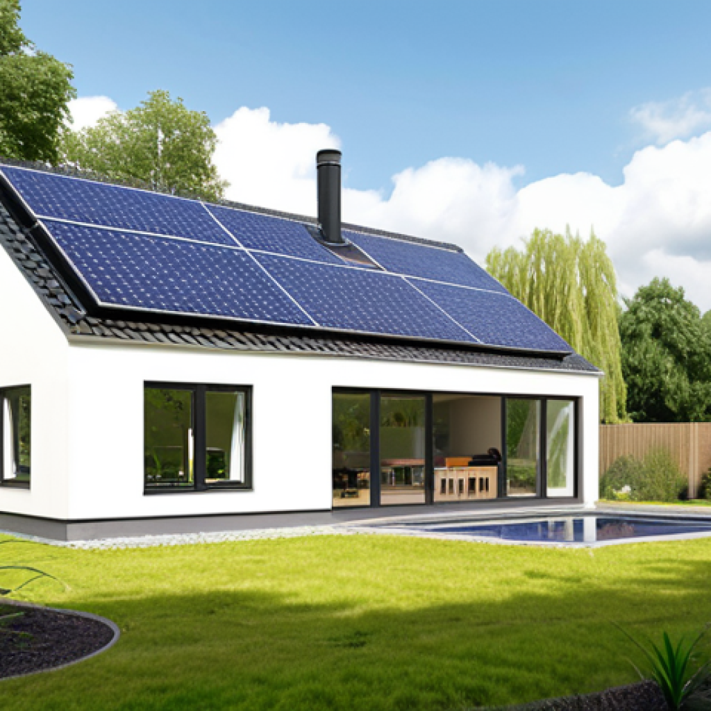 Sustainable Home**

A modern Dutch house with solar panels on the roof and lush green landscaping. Showcasing energy-efficient windows and a smart thermostat interface inside. Focus on clean lines, natural light, and a sense of eco-friendly living. The scene should convey comfort, innovation, and sustainability.

**