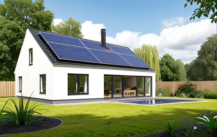 Sustainable Home**
A modern Dutch house with solar panels on the roof and lush green landscaping. Showcasing energy-efficient windows and a smart thermostat interface inside. Focus on clean lines, natural light, and a sense of eco-friendly living. The scene should convey comfort, innovation, and sustainability.
**